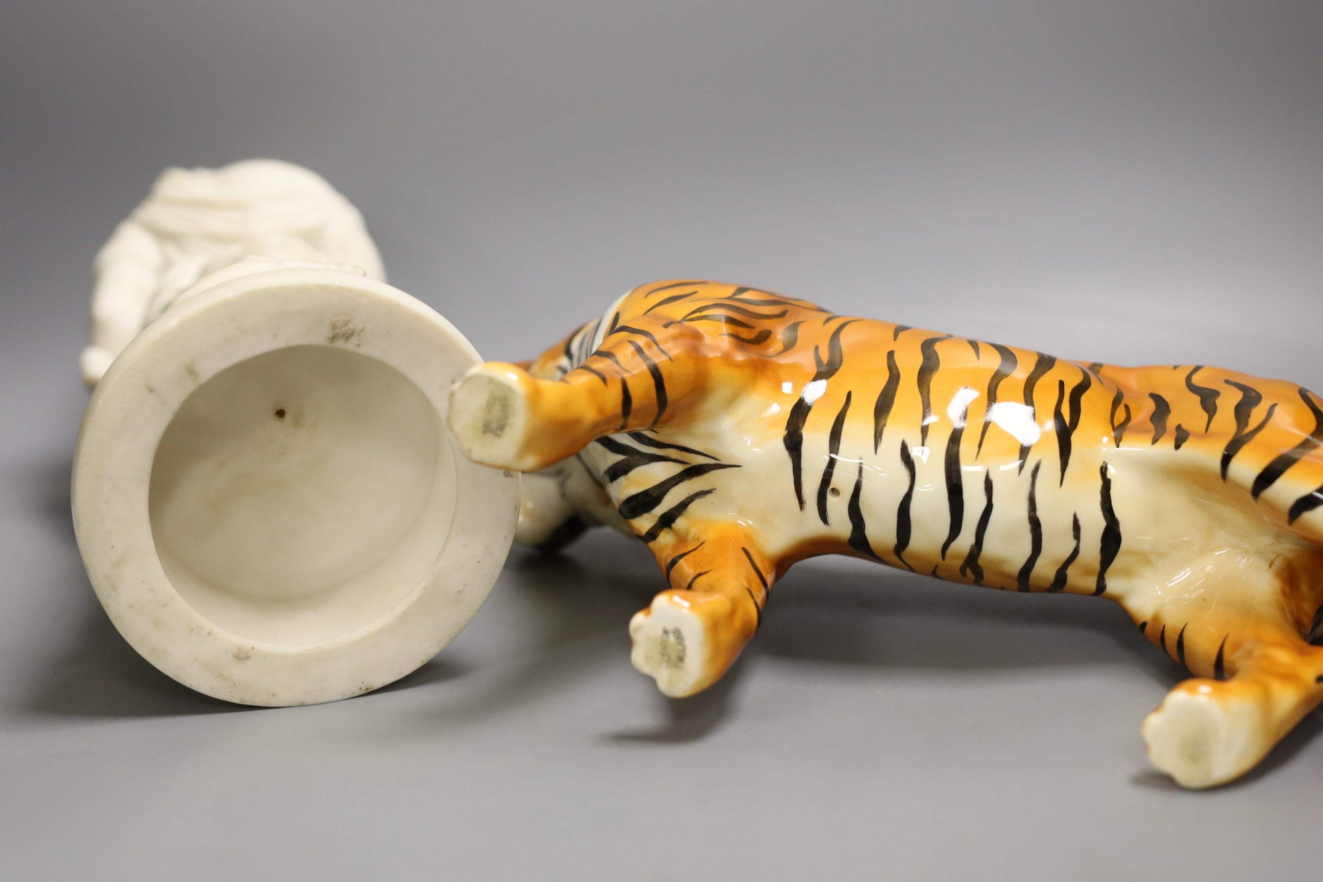 A Beswick tiger and a parian figure 34cm